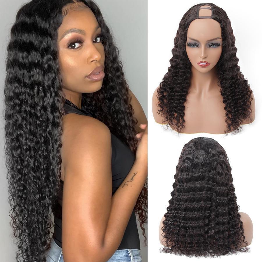U Part Wigs Deep Wave Brazilian Virgin Human Hair 2x4 U Shape Glueless Wigs 180% Density With Straps Combs For Women - ORIGINAL QUEEN HAIR