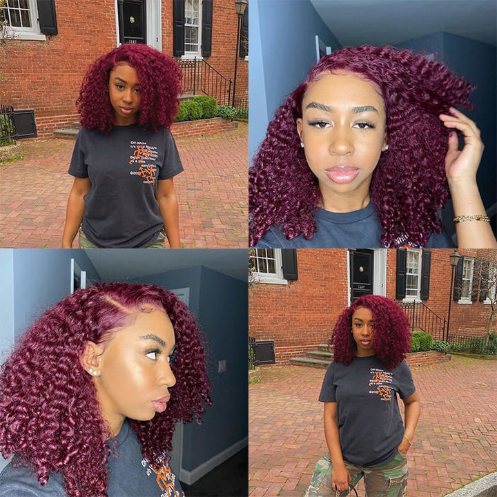 99J Burgundy Color Kinky Curly Human Virgin Hair Undectedable 13x4 4X4 Lace Front Wigs
