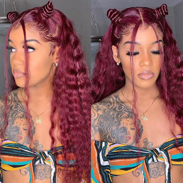 Burgundy 99J Color Deep Wave Lace Frontal and Closure Wig