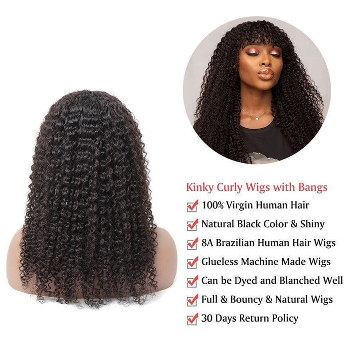 Kinky Curly Virgin Human Hair Wigs with Bangs