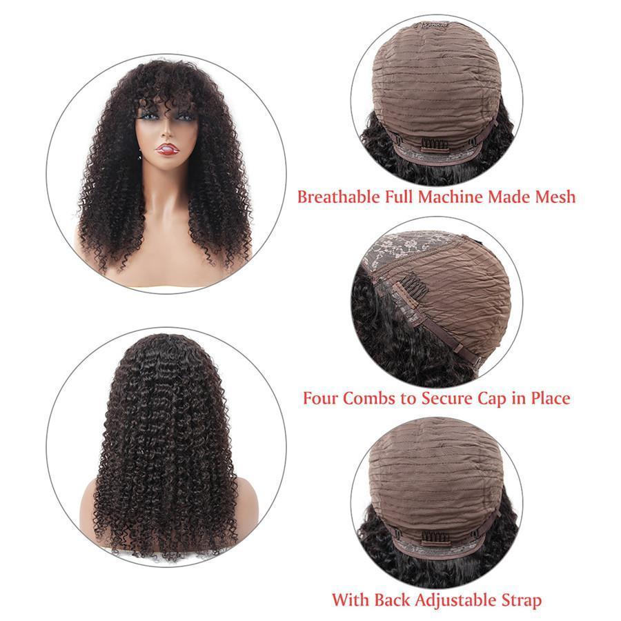 Kinky Curly Virgin Human Hair Wigs with Bangs