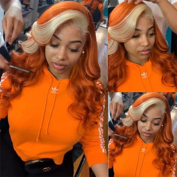 Ginger Orange With Blonde Streaks Color Body Wave Lace Front Wig