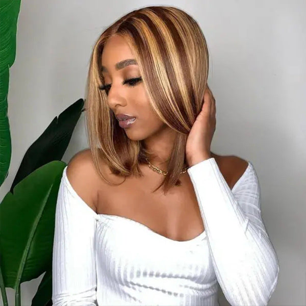 Highlight Straight Glueless Wigs Bob Hairstyle Pre Cut HD Lac