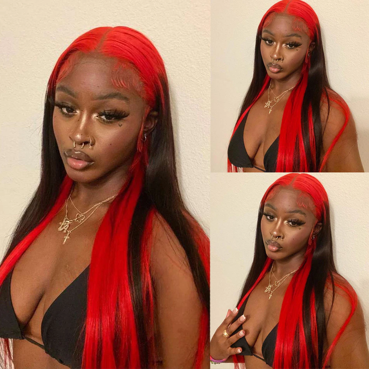 Straight Red and Black Color Wigs Preplucked Human Hair Lace Front Wigs Natural Hairline