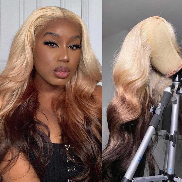 Ombre 613 Brown Lace Frontal 13x4 Wig Straight & Body Wave Human Hair Lace Front Wigs Highlight Brown Colored Human Hair Frontal Wig