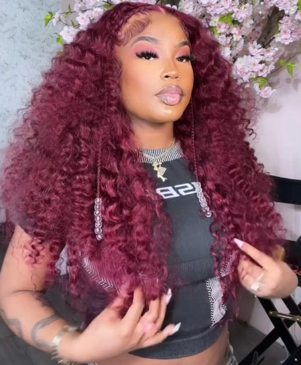 Burgundy 99J Color Deep Wave Lace Frontal and Closure Wig