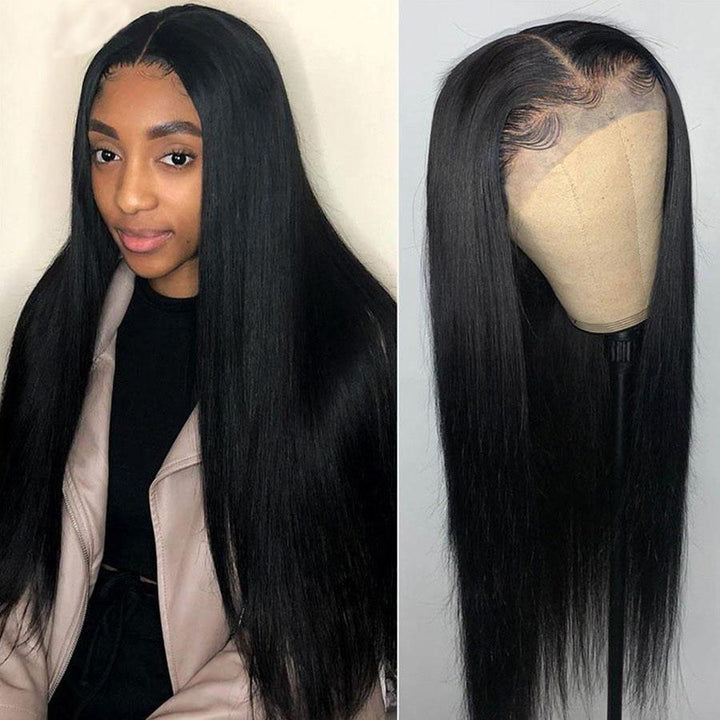 T Part Wigs Straight Human Hair Wigs with Baby Hair 6Inches Deep Middle T Part Lace Front Wigs Black Color