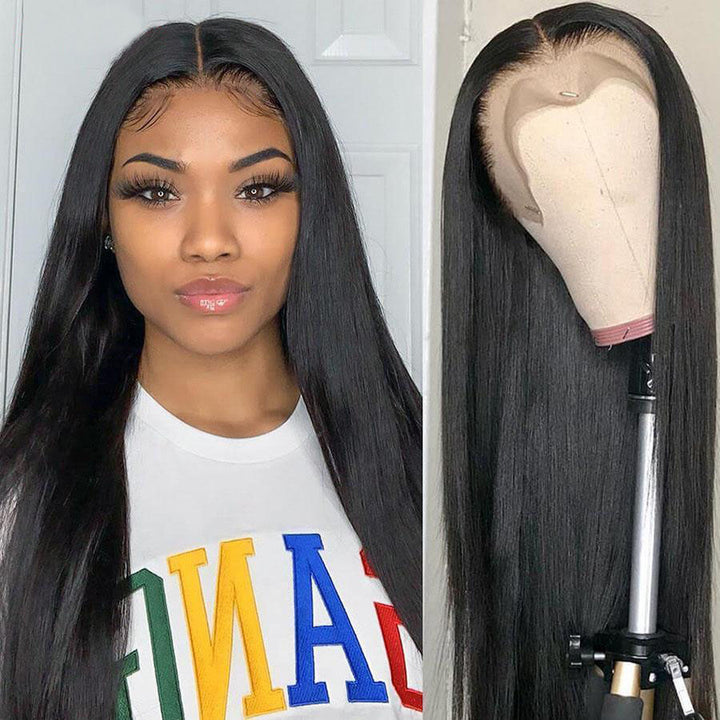 T Part Wigs Straight Human Hair Wigs with Baby Hair 6Inches Deep Middle T Part Lace Front Wigs Black Color