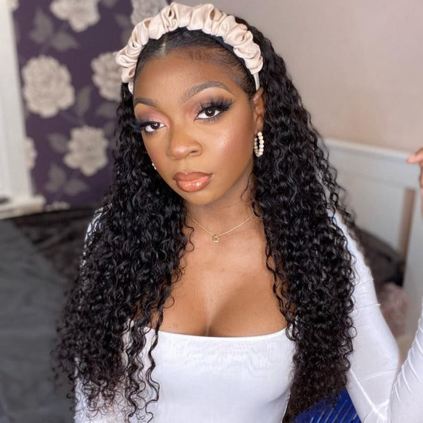 100% Human Hair Grip Headband Scarf Wig Water Wave Human Hair Wig 180% Density Curly No plucking wigs for Women No Glue No Sew In - ORIGINAL QUEEN HAIR