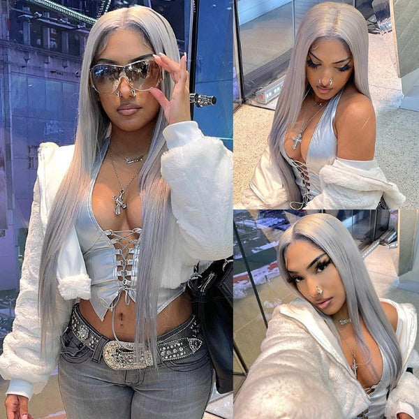 Grey Human Hair Wigs 13x4 Straight Lace Front Wig
