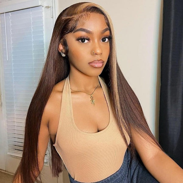 Honey Blonde and Brown Streaks Highlight Wigs Straight 13x4 Lace Front Wig