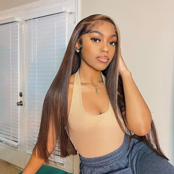 Honey Blonde and Brown Streaks Highlight Wigs Straight 13x4 Lace Front Wig