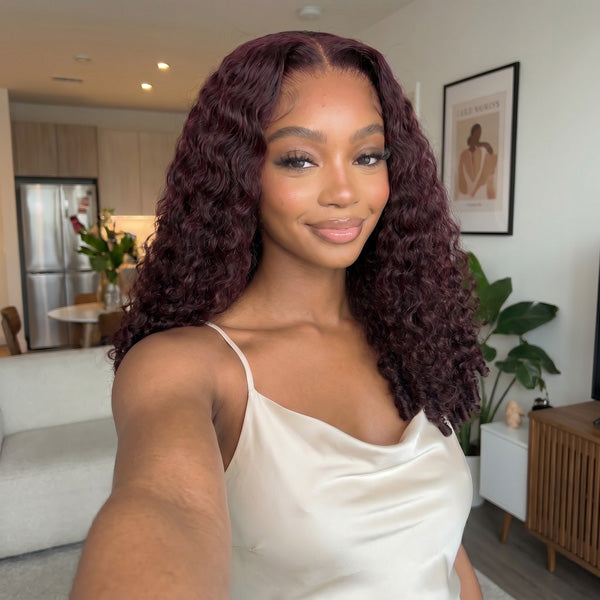 Burmese Curly Dark Plum Color Wear Go Wig Human Hair Pre Plucked Adjustable Drawstring Glueless Wigs