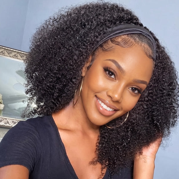 24h Shipping | OQ HAIR Afro Curly Headband Wig Human Hair Glueless Wig With Scarf For Beginners