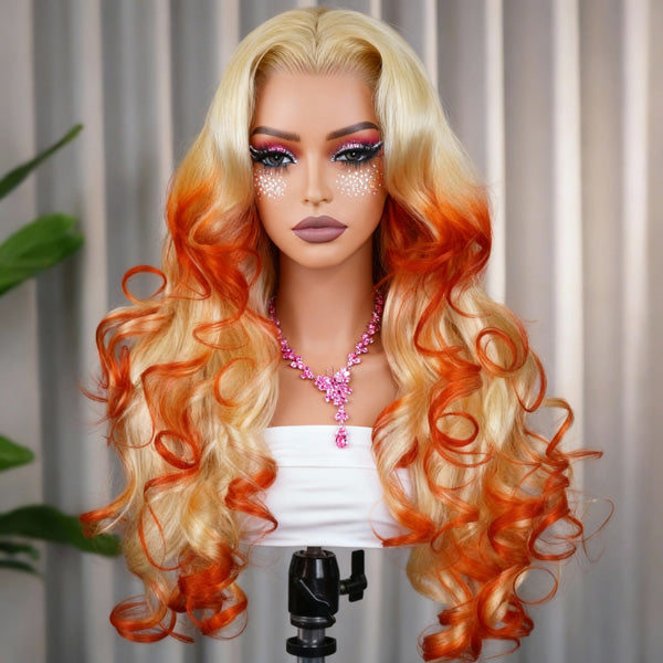 24h Ship Out | OQ HAIR Butterfly Cut 613 Blonde & Orange Mixed Color Pre-Styled Layered Body Wave Glueless Wig Pre-cut 7x5 Lace Wear Go Wig