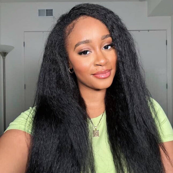 OQ HAIR Kinky Straight Glueless Comfortable Wear Pre-Cut 9x6 HD Lace Wear Go Wig Bleached Knots