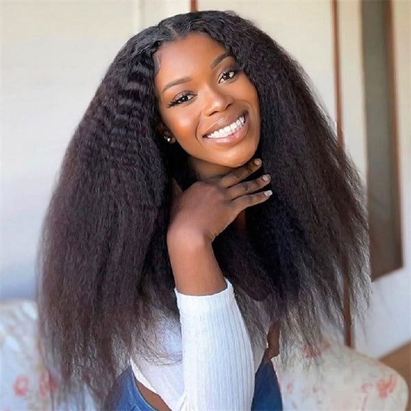 OQ HAIR Kinky Straight Glueless Comfortable Wear Pre-Cut 9x6 HD Lace Wear Go Wig Bleached Knots