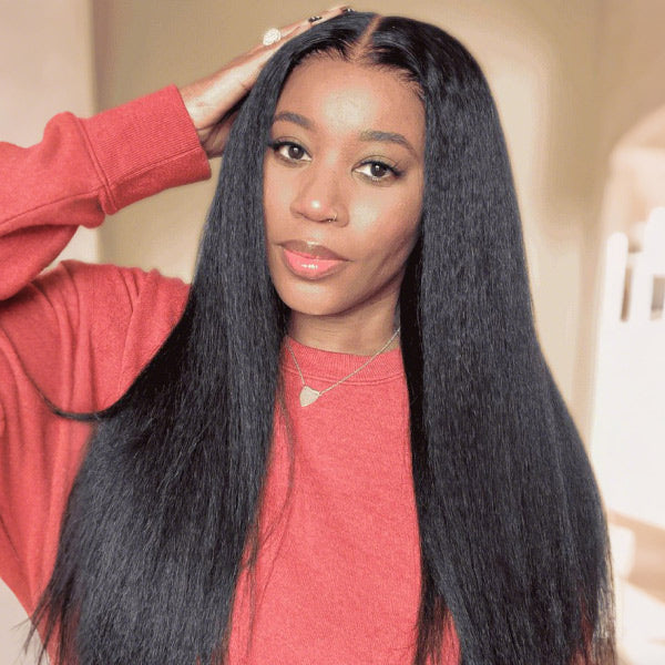 OQ HAIR Kinky Straight Glueless Comfortable Wear Pre-Cut 9x6 HD Lace Wear Go Wig Bleached Knots