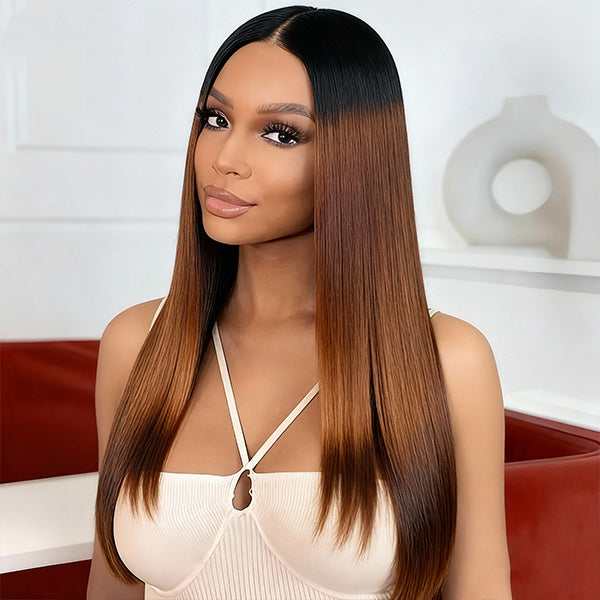 OQ HAIR Yaki Straight Layered Cut Black to Chestnut Brown Ombre 7x5 Pre-Cut Lace Wear Go Glueless Wigs