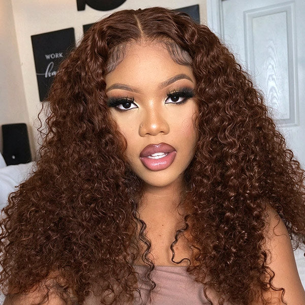 OQ HAIR Chocolate Brown Kinky Curly Wear Go Wig Invisible 7x5 Lace Pre Plucked Hairline Human Hair Closure Wig