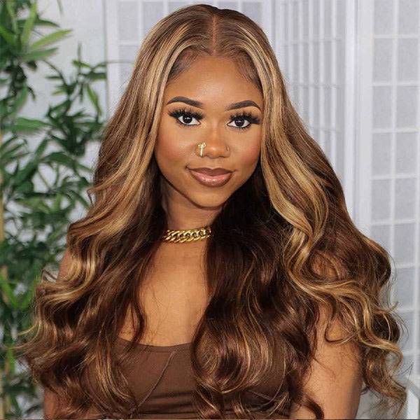 OQ HAIR M-cap Body Wave 4/27 Highlight Color Pre Cut 9x6 Lace Wear Go Glueless Wigs Invisible Knots With Pre-Plucked Hairline