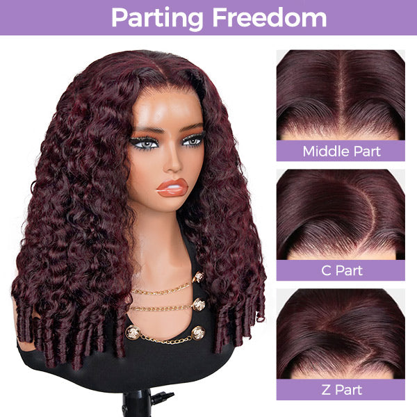 Burmese Curly Dark Plum Color Wear Go Wig Human Hair Pre Plucked Adjustable Drawstring Glueless Wigs