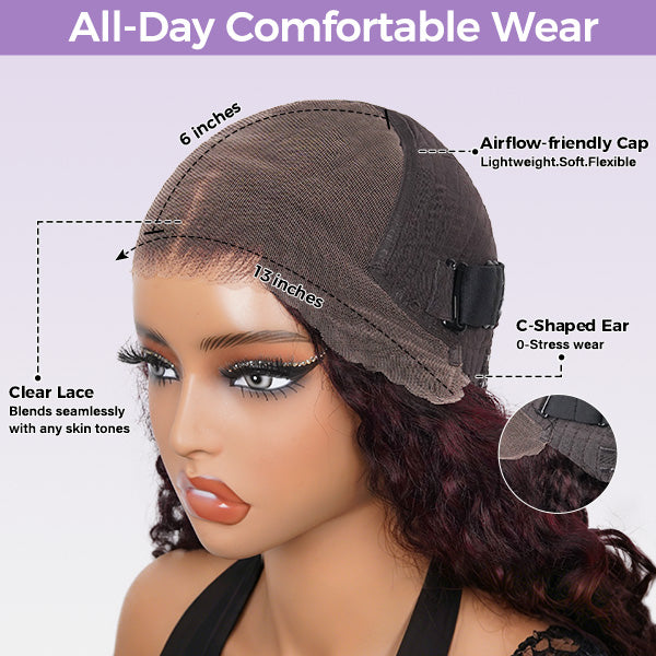 Burmese Curly Dark Plum Color Wear Go Wig Human Hair Pre Plucked Adjustable Drawstring Glueless Wigs