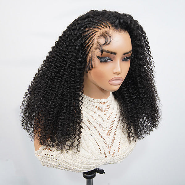 OQ HIAR Side Braided Kinky Curly Glueless Natural Melt Pre-Cut 13x4 HD Lace Frontal Wig Snug Fit Drawstring Cap Bleached Knots Wear Go Wig With Baby Hair