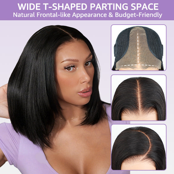 OQ HAIR Glueless Layered Yaki Straight Bob Wear Go Wig Pre-Cut 9x6 T Part Lace With Snug Fit Drawstring