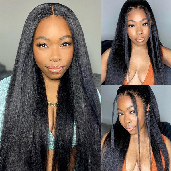 OQ HAIR Yaki Straight Invisi-Drawstring Flexible Fit 360 Glueless Wig Pre-Cut Lace Pre Bleached Knots