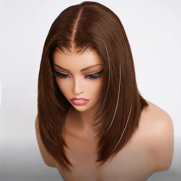 OQ HAIR Chocolate Brown Color Glueless Layered Cut Yaki Straight Pre-Cut 7x5 Wear Go Wig With Drawstring Cap
