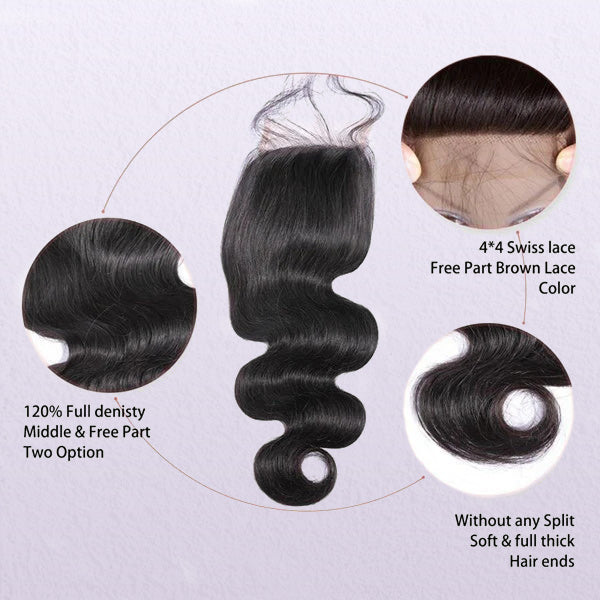 OQ HAIR Body Wave 100% Human Hair 3 Bundles With 4x4 Hand Tied Closure