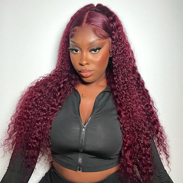 Glueless Color Wigs Water Wave 99J Burgundy Lace Front Wig