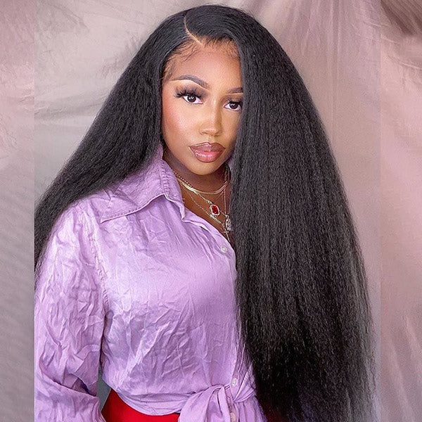 Kinky Straight Bleached Knots Pre-Cut 13x4 13x6 HD Lace Frontal Wig Wear Go Wig With Adjustable Drawstring