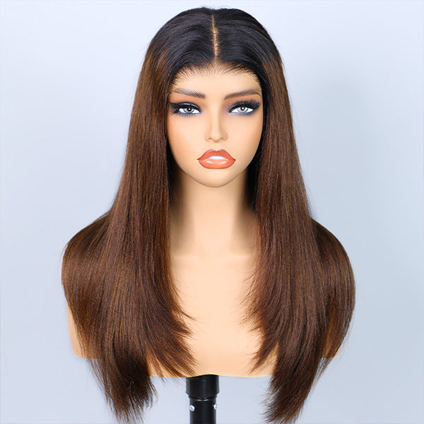 OQ HAIR Yaki Straight Layered Cut Black to Chestnut Brown Ombre 7x5 Pre-Cut Lace Wear Go Glueless Wigs