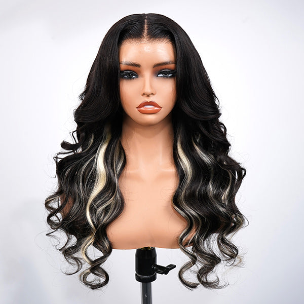 OQ HAIR Black Blonde Skunk Stripe Layered Body Wave Glueless Wig With Face-Framing Curtain Bangs Pre-Cut 13x6 Lace Adjustable Drawstring Wear Go Wig