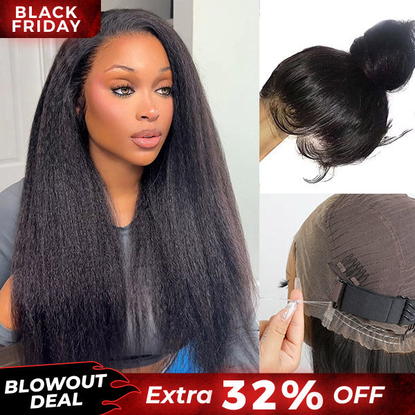 OQ HAIR Kinky Straight Invisi-Drawstring Flexible Fit 360 Lace Front Glueless Wig With Bleached Knots