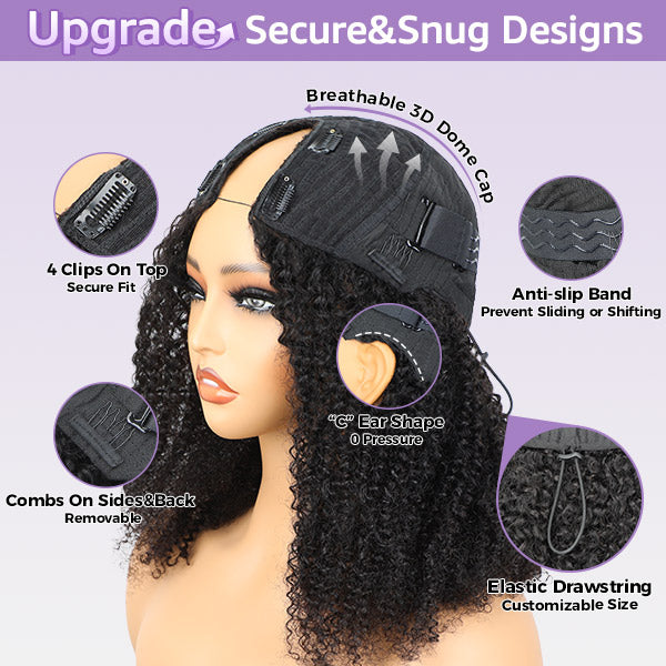 Afro Curly V Part Wig No Leave Out Thin Part Glueless Wigs Human Hair Wig 180% Density