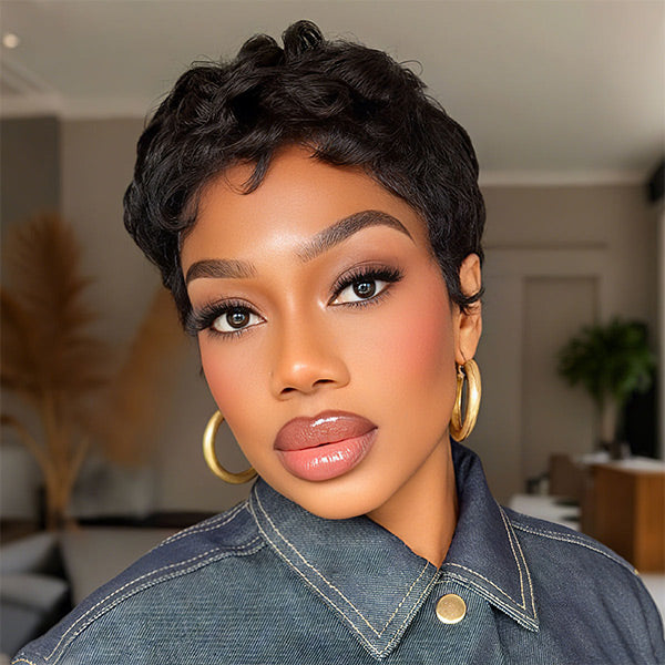 24h Ship Out | OQ HAIR Pixie Wig Pre-styled Human Hair Machine Made Short Curly Wigs Beginner Friendly