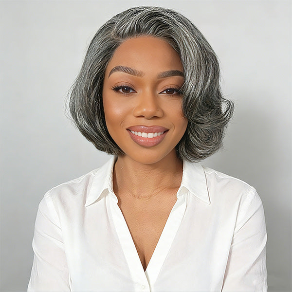 OQ HAIR Salt And Pepper Layered Bob Wear Go Glueless Wig Pre-Cut C-Shaped 7x5 Lace Flexible Fit Drawstring