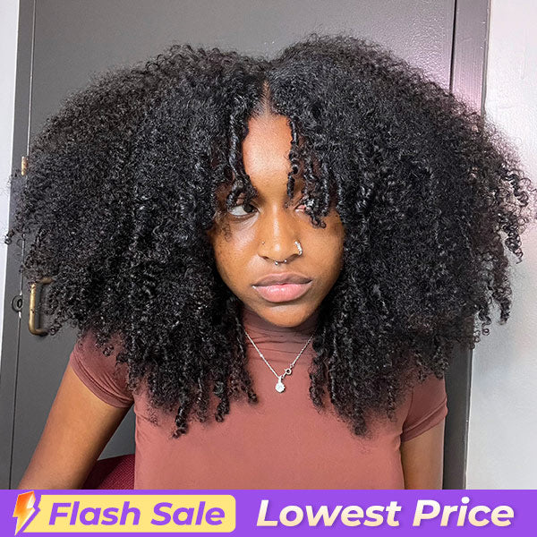 Flash Sale | Afro Curly V Part Wig No Leave Out Thin Part Glueless Wigs Human Hair Wig