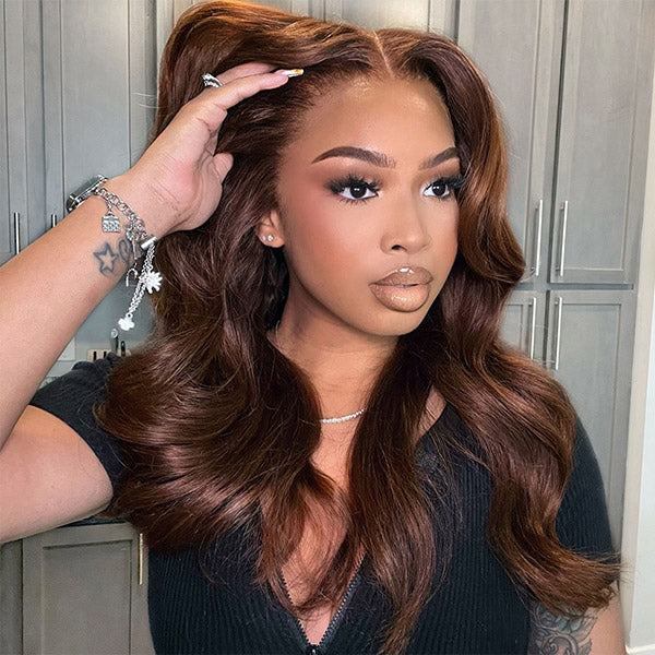 OQ HAIR Glueless Chocolate Brown Layered Cut Face Framing Body Wave Pre-Cut Lace Wear Go Wig