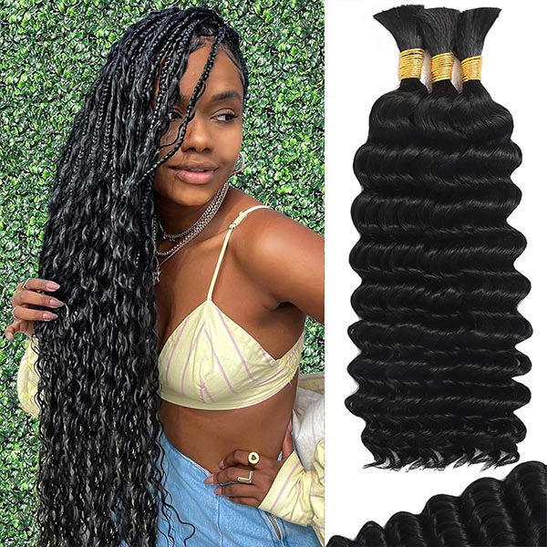 Unprocessed Deep Wave Bulk Human Hair Natural Color No Weft Boho Hair For Braiding 1/3/5 Packs