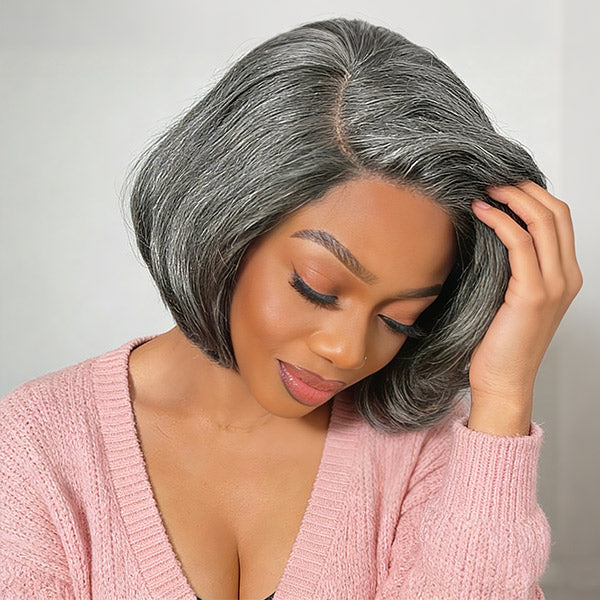 OQ HAIR Salt And Pepper Layered Bob Wear Go Glueless Wig Pre-Cut C-Shaped 7x5 Lace Flexible Fit Drawstring
