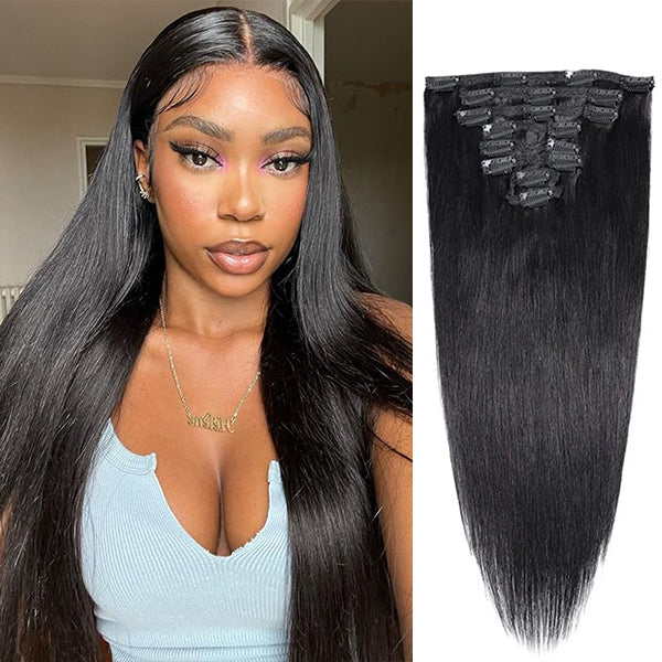 OQHAIR Straight Hair Clip In Extension Human Hair Natural Black Color