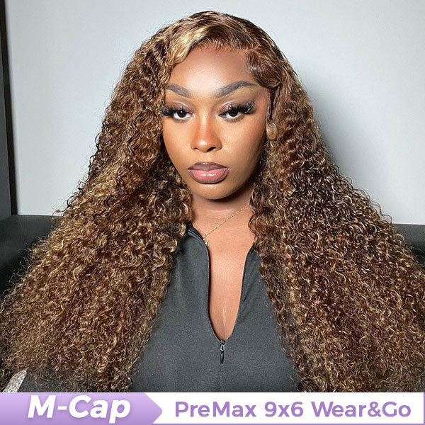 OQ HAIR M-cap Kinky Curly 4/27 Highlight Pre Cut 9x6 Lace Wear Go Glueless Wigs Invisible Knots Human Hair Wig