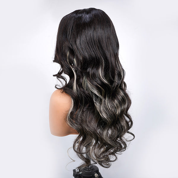OQ HAIR Black Blonde Skunk Stripe Layered Body Wave Glueless Wig With Face-Framing Curtain Bangs Pre-Cut 13x6 Lace Adjustable Drawstring Wear Go Wig