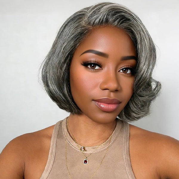 OQ HAIR Salt And Pepper Layered Bob Wear Go Glueless Wig Pre-Cut C-Shaped 7x5 Lace Flexible Fit Drawstring