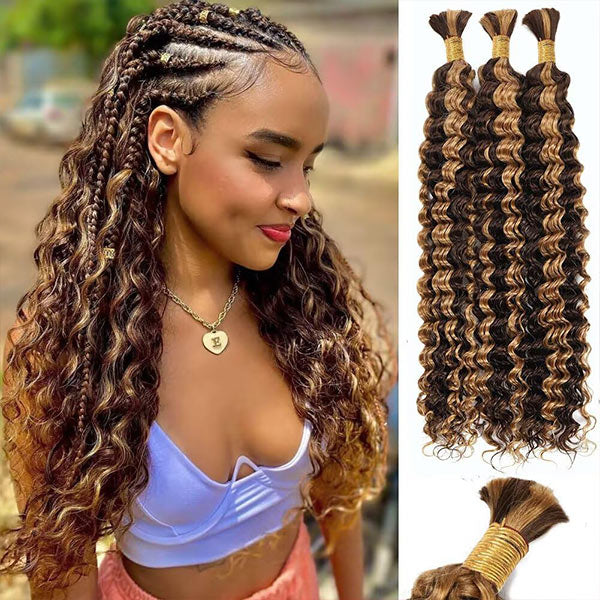 Deep Wave Highlight Ombre Color Bulk Human Hair Knotless Boho Braids Virgin No Weft Extensions 1/3/5 Packs