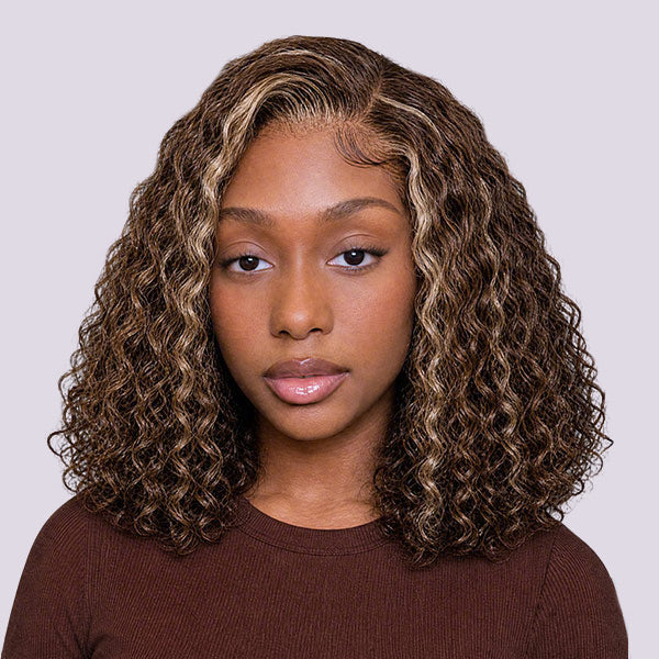 OQ HAIR Water Wave Bob Wig Blonde Highlight Brown Pre-cut 7x5 Lace Wear Go Glueless Wig With Drawstring